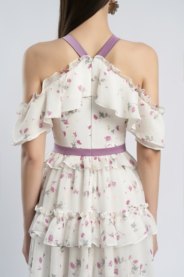 floral print bow collar ruffle flared maxi dress