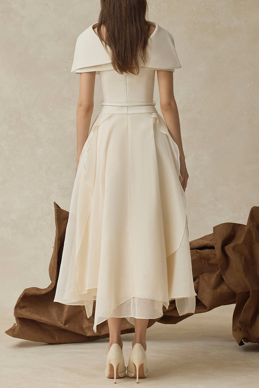 kelly beige Cape Sleeve Ruffle Midi Dress with belt