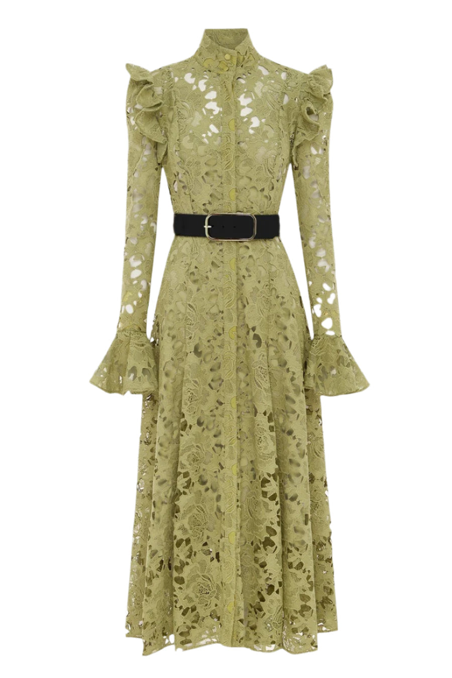 Freya Ruffle Lace-embroidered Belted Midi Dress - Green