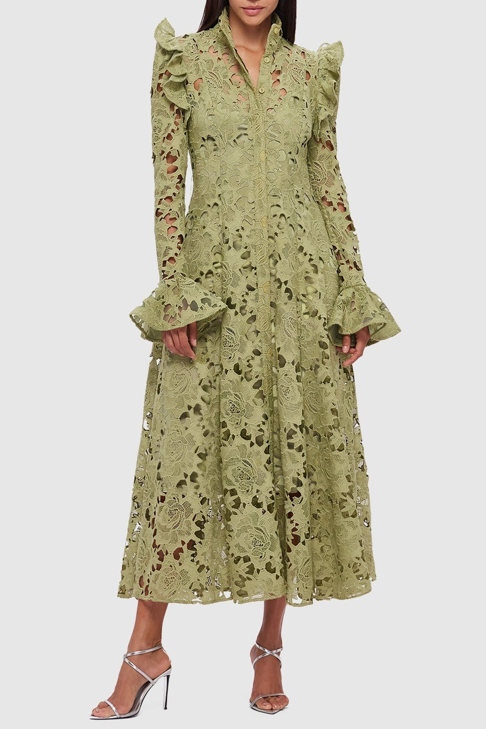 Freya Ruffle Lace-embroidered Belted Midi Dress - Green