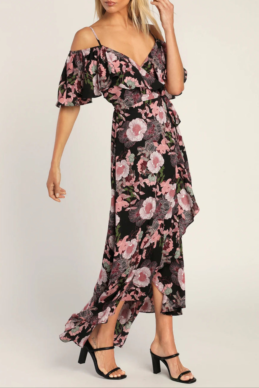 Bloomed Floral Off-the-Shoulder Maxi Wrap Dress in Black