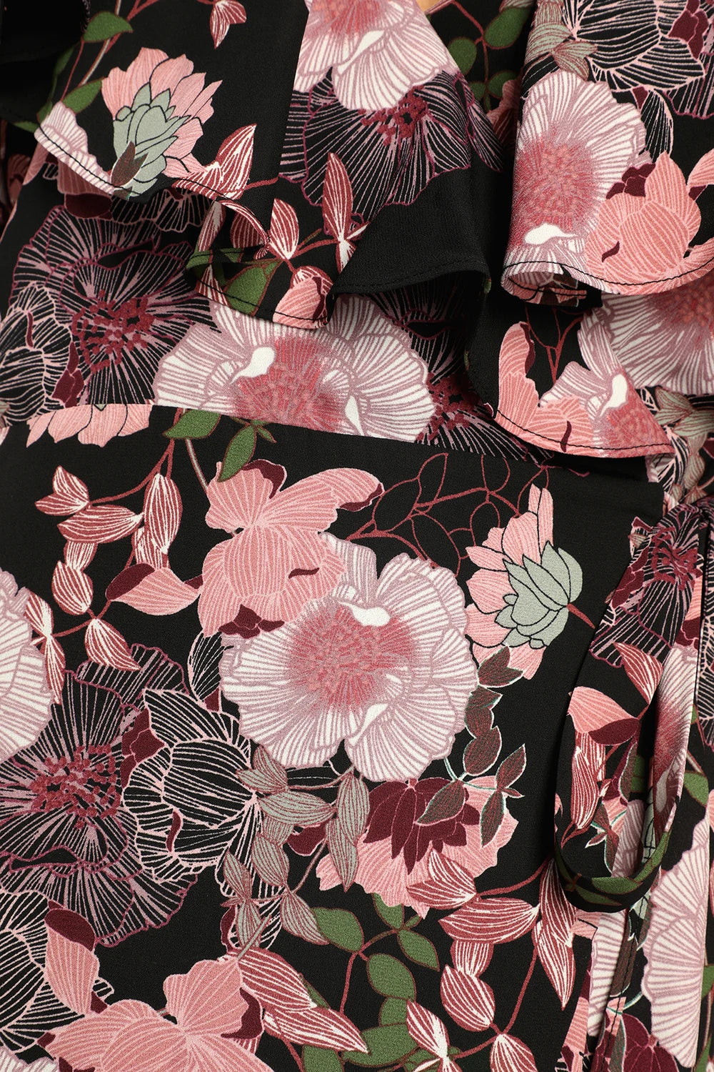 Bloomed Floral Off-the-Shoulder Maxi Wrap Dress in Black