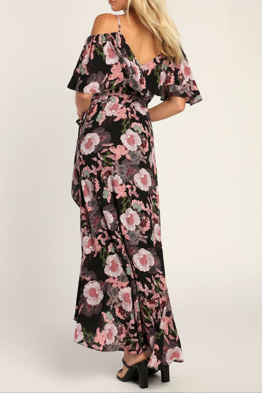 Bloomed Floral Off-the-Shoulder Maxi Wrap Dress in Black