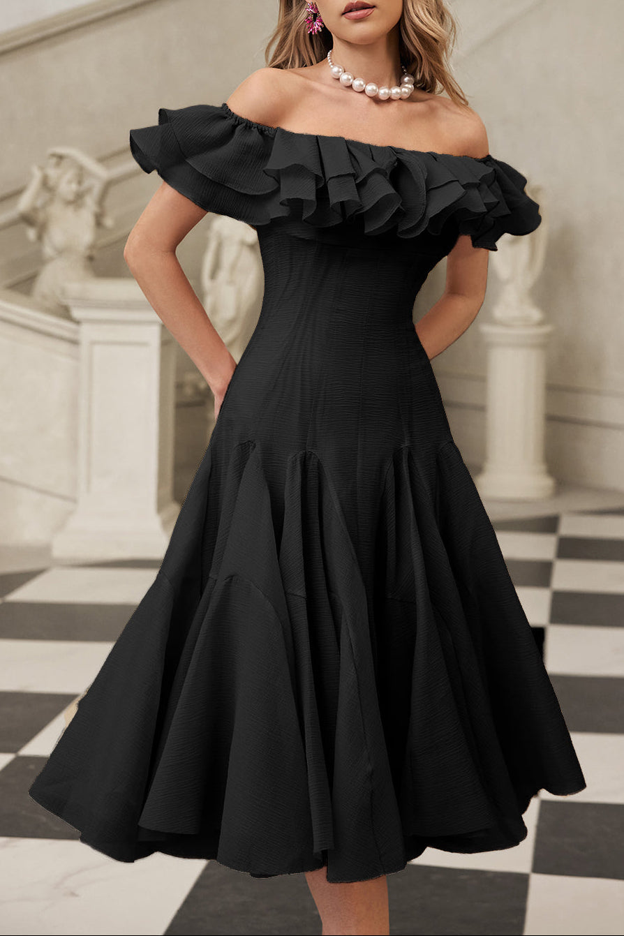 apphia Off Shoulder Ruffle Midi Dress In black