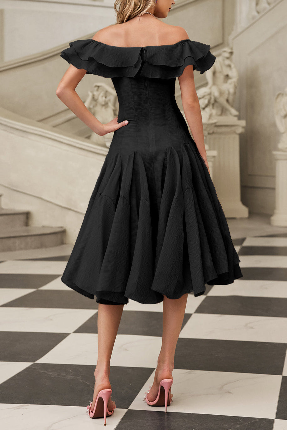 apphia Off Shoulder Ruffle Midi Dress In black