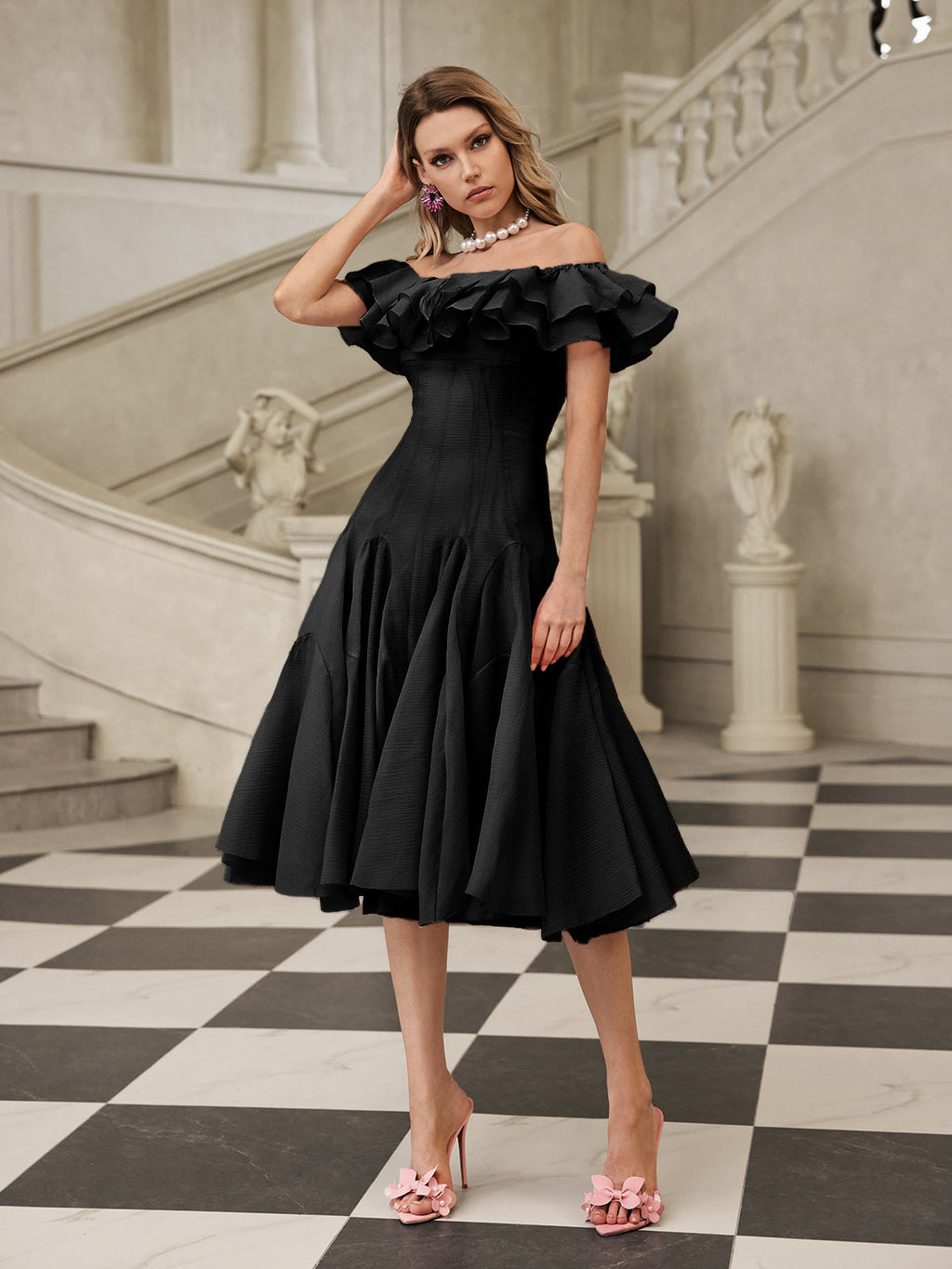 apphia Off Shoulder Ruffle Midi Dress In black