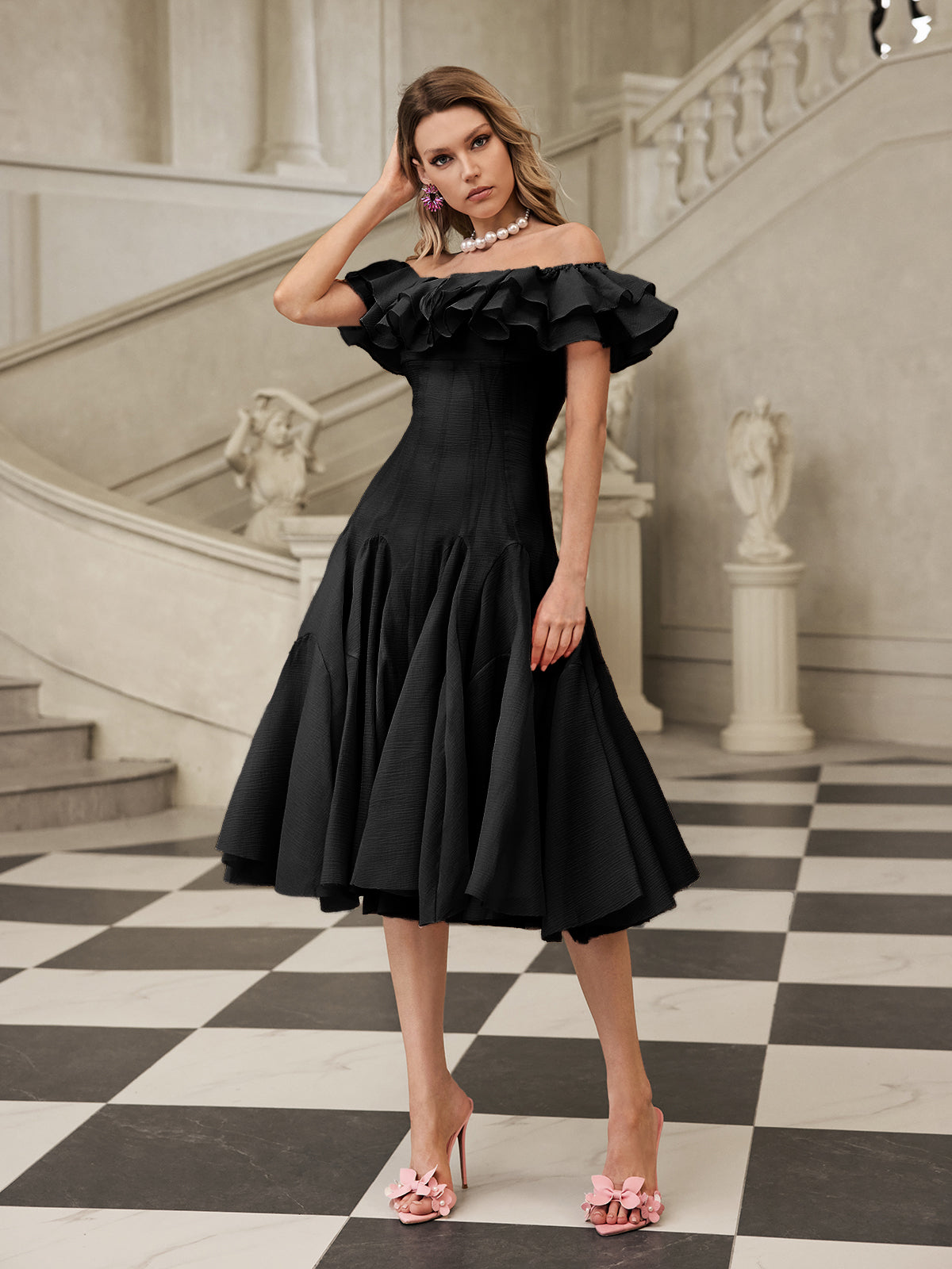 apphia Off Shoulder Ruffle Midi Dress In black