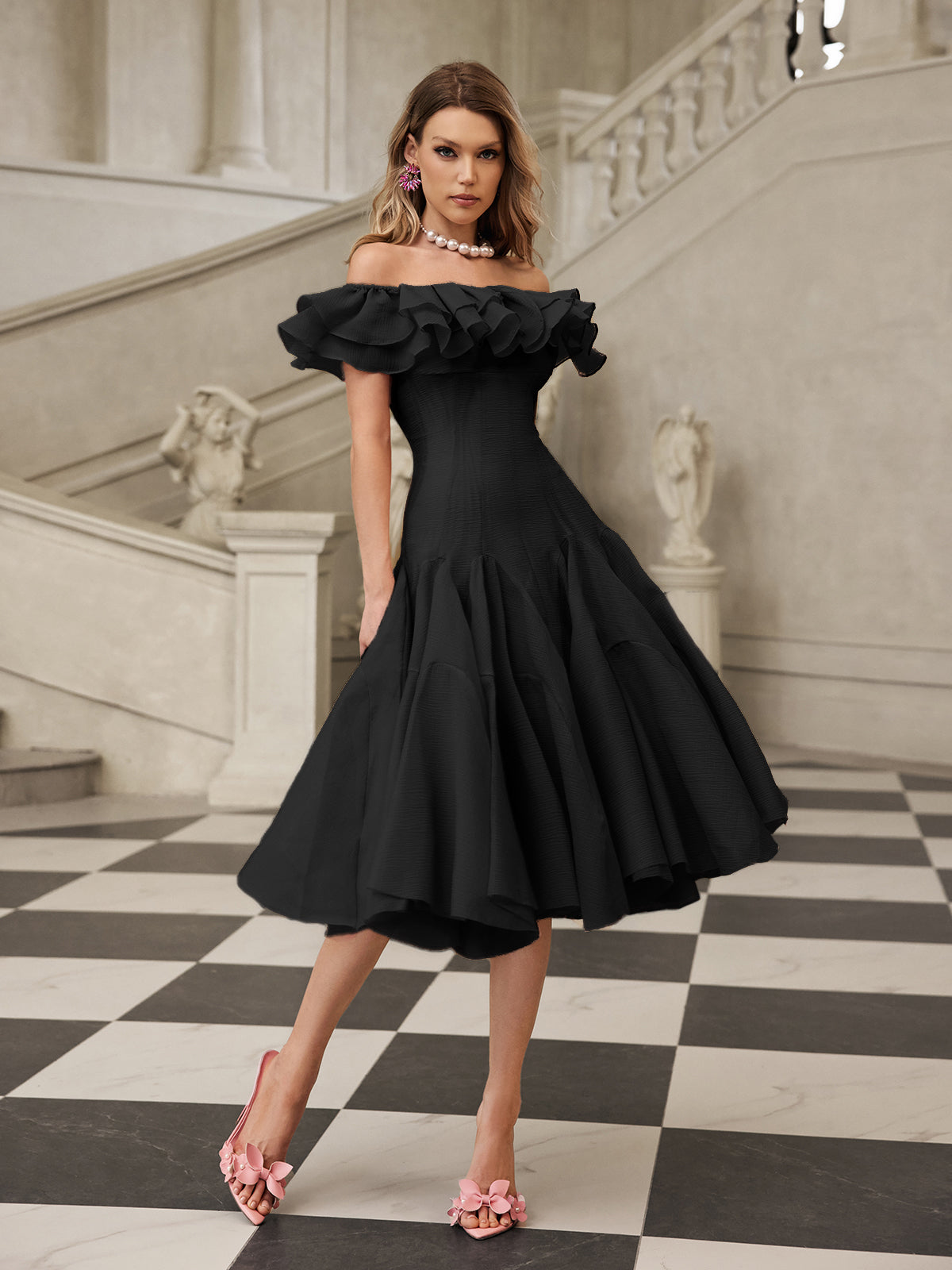 apphia Off Shoulder Ruffle Midi Dress In black