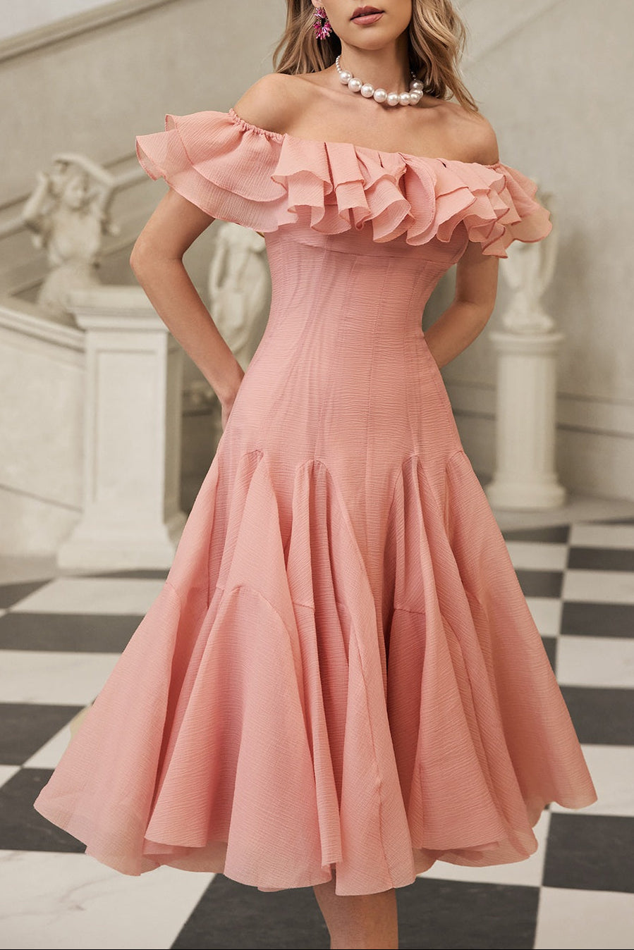 apphia Off Shoulder Ruffle Midi Dress In pink