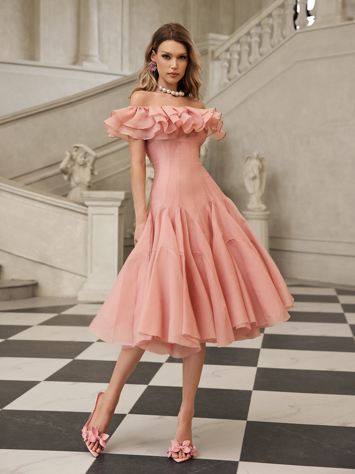 apphia Off Shoulder Ruffle Midi Dress In pink