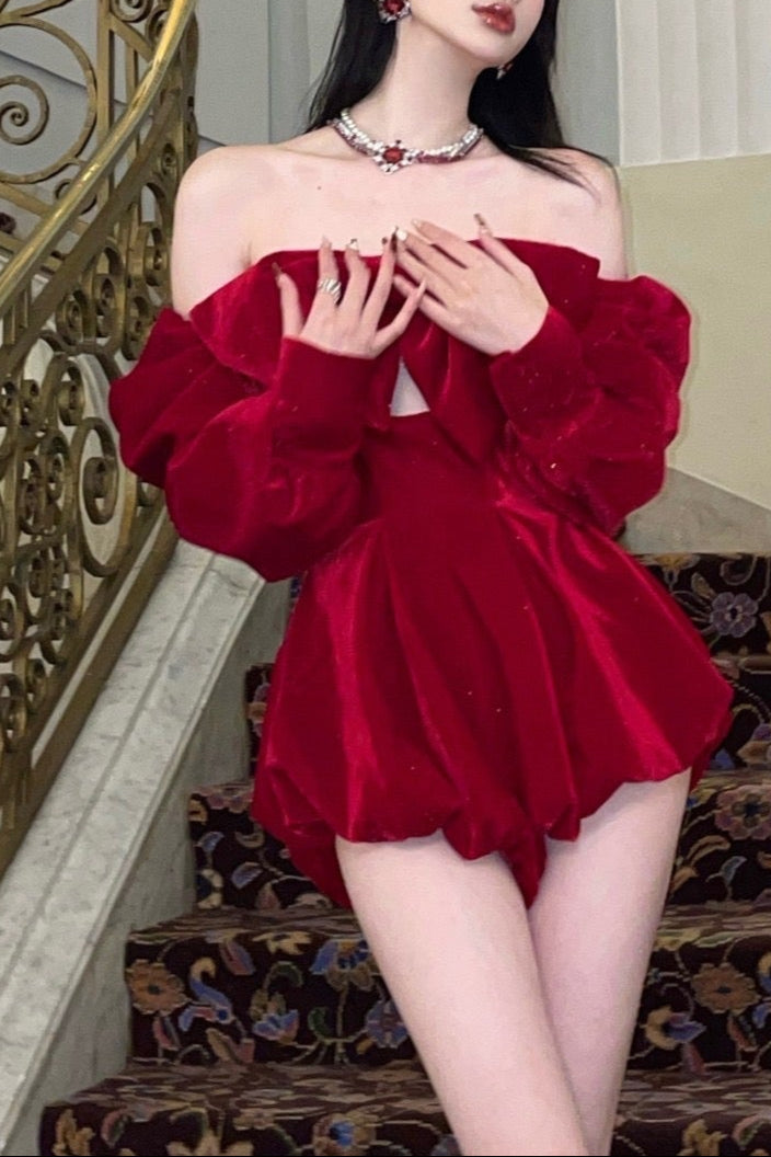 Red Bowknot velvet jumpsuit