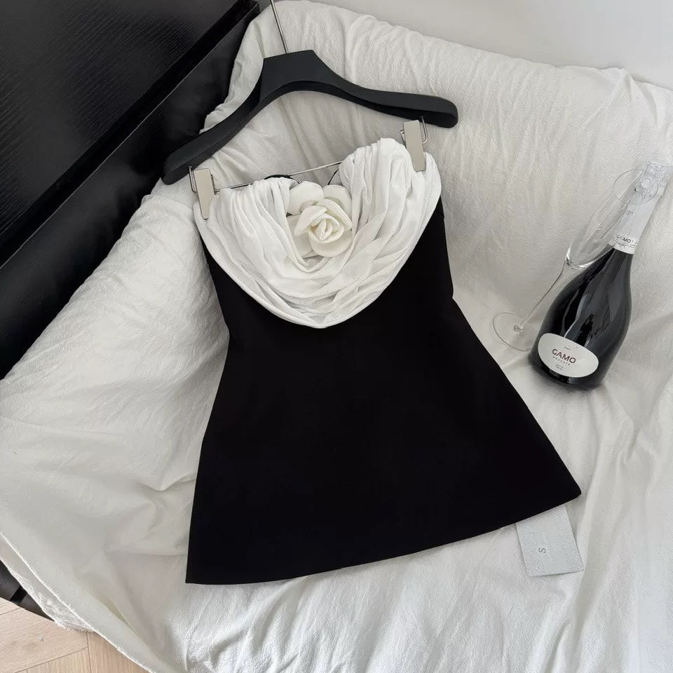 verna flower embellished strapless mini dress in black