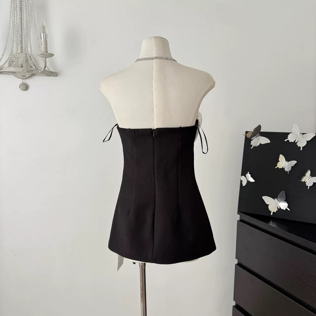 verna flower embellished strapless mini dress in black