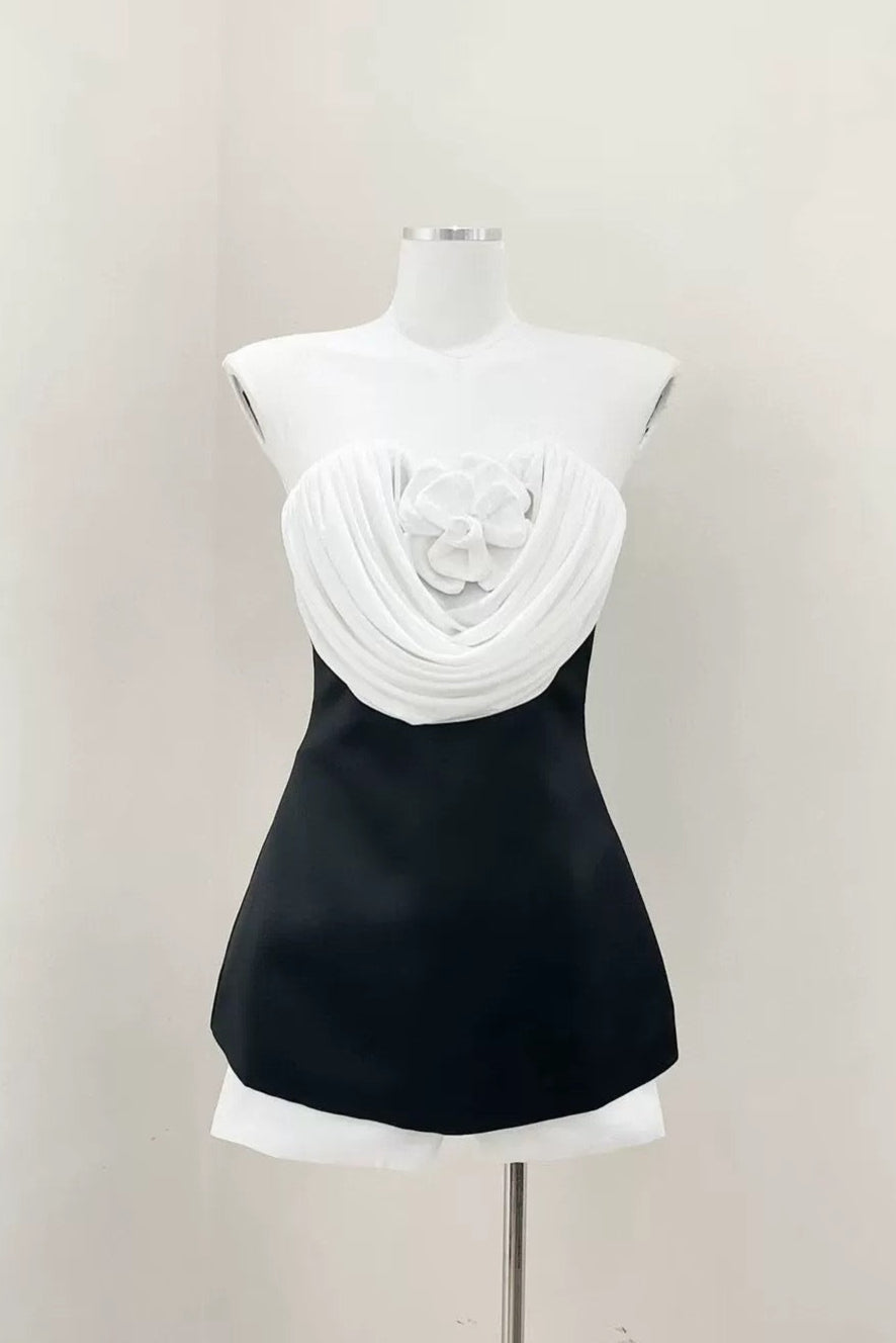 verna flower embellished strapless mini dress in black