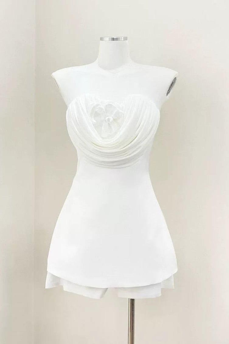 verna flower embellished strapless mini dress in white
