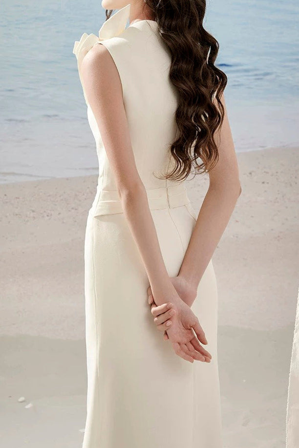 alani flower slim split midi dress in apricot