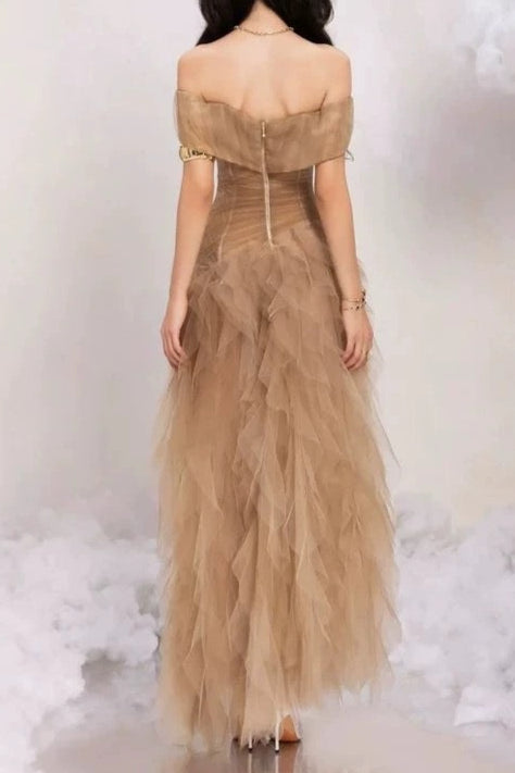 tulle tube top with rippling pattern maxi dress in Khaki
