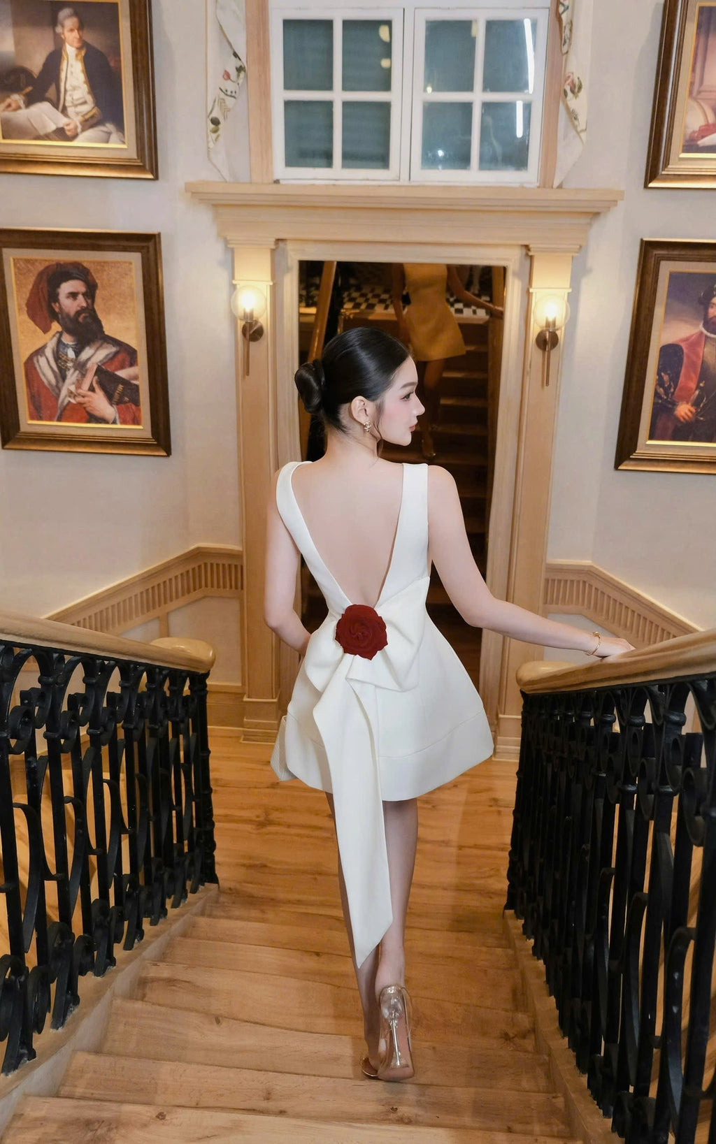 Joanna backless flower bow embellished mini dress in white