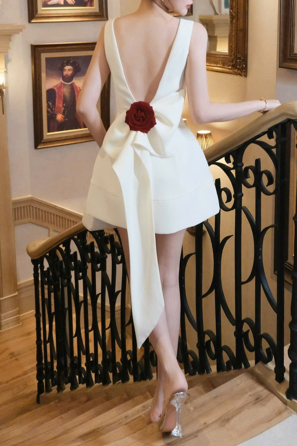 Joanna backless flower bow embellished mini dress in white