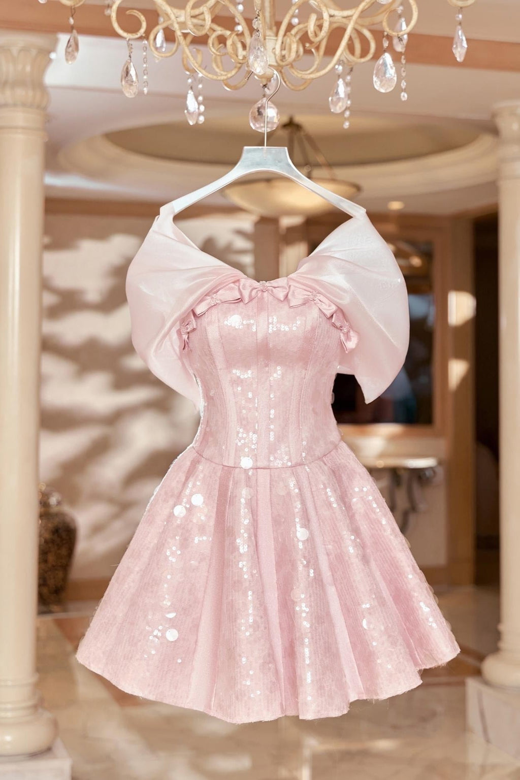 STRAPLESS SEQUIN MINI DRESS IN PINK