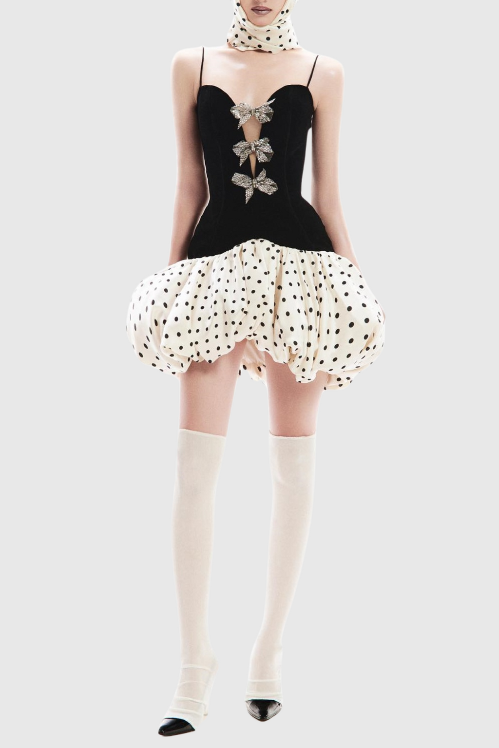 Bow Embellished Puff Dot Mini Dress