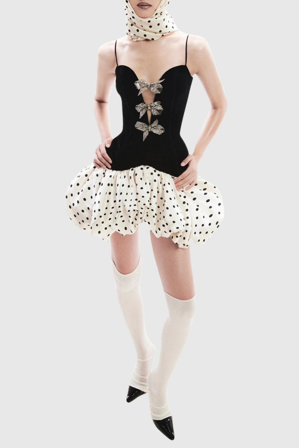 Bow Embellished Puff Dot Mini Dress