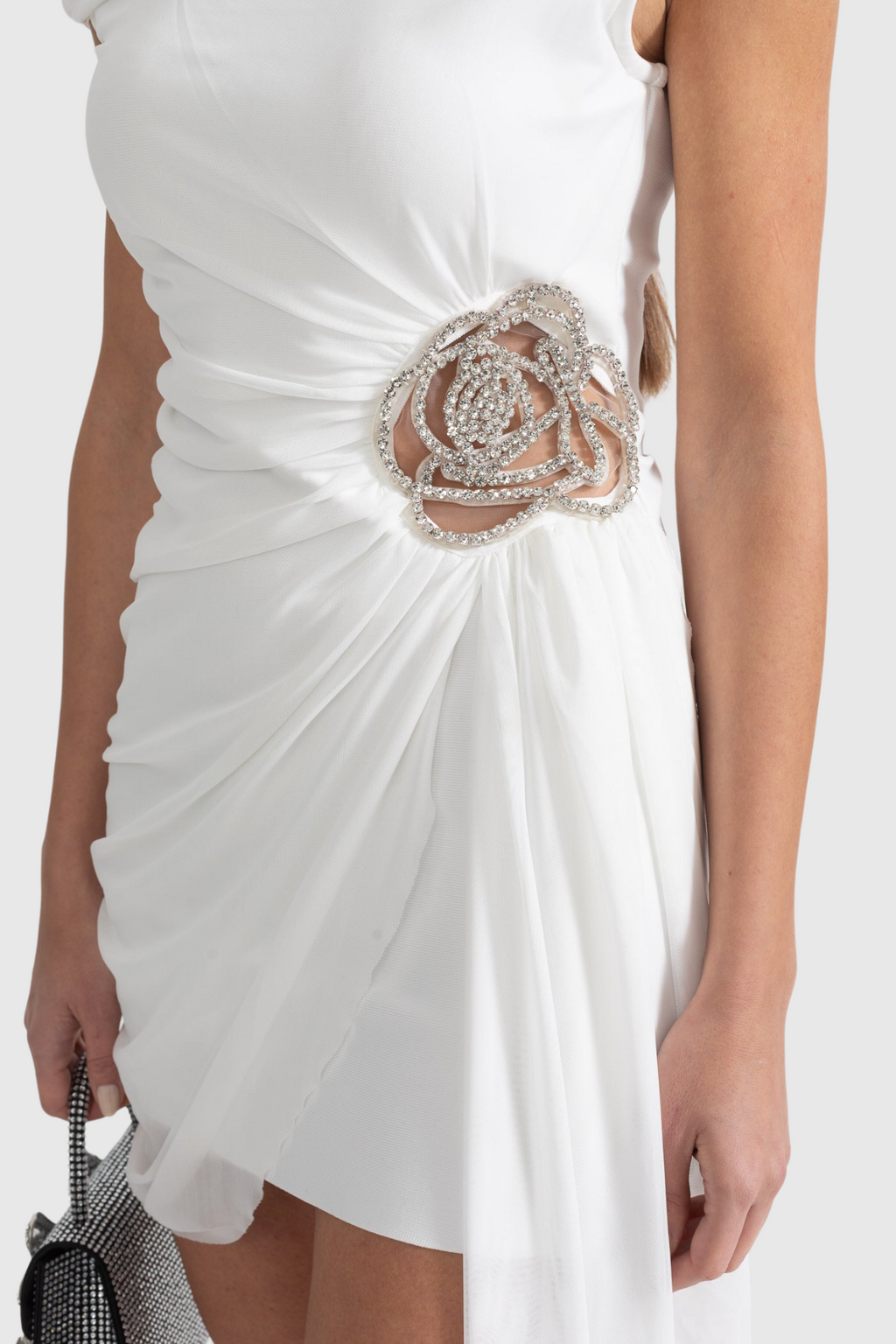 Janett One Shoulder Floral Embellished Mini Dress - White