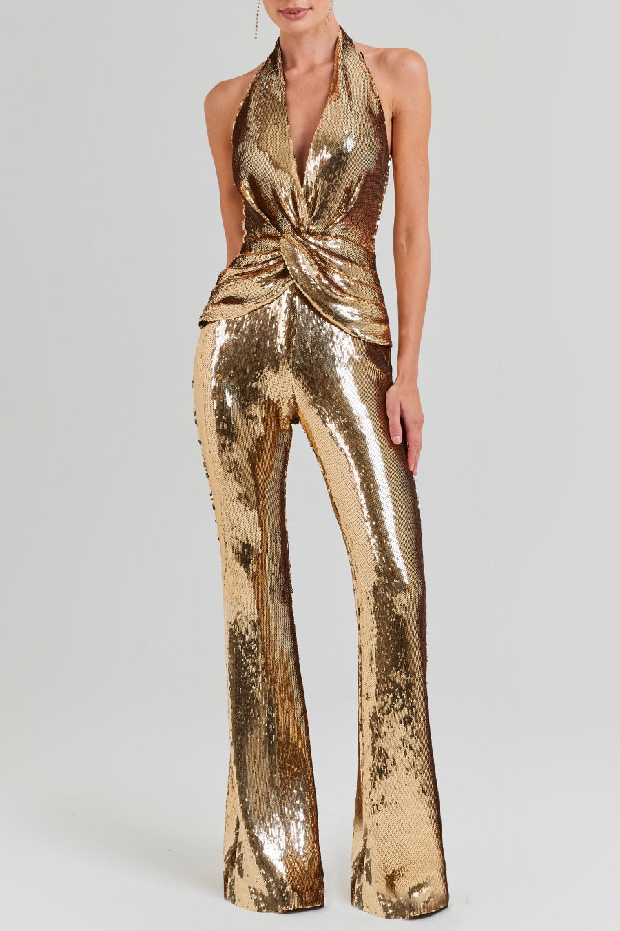 nora gold Sequin halterneck deep V high waist flared jumpsuit