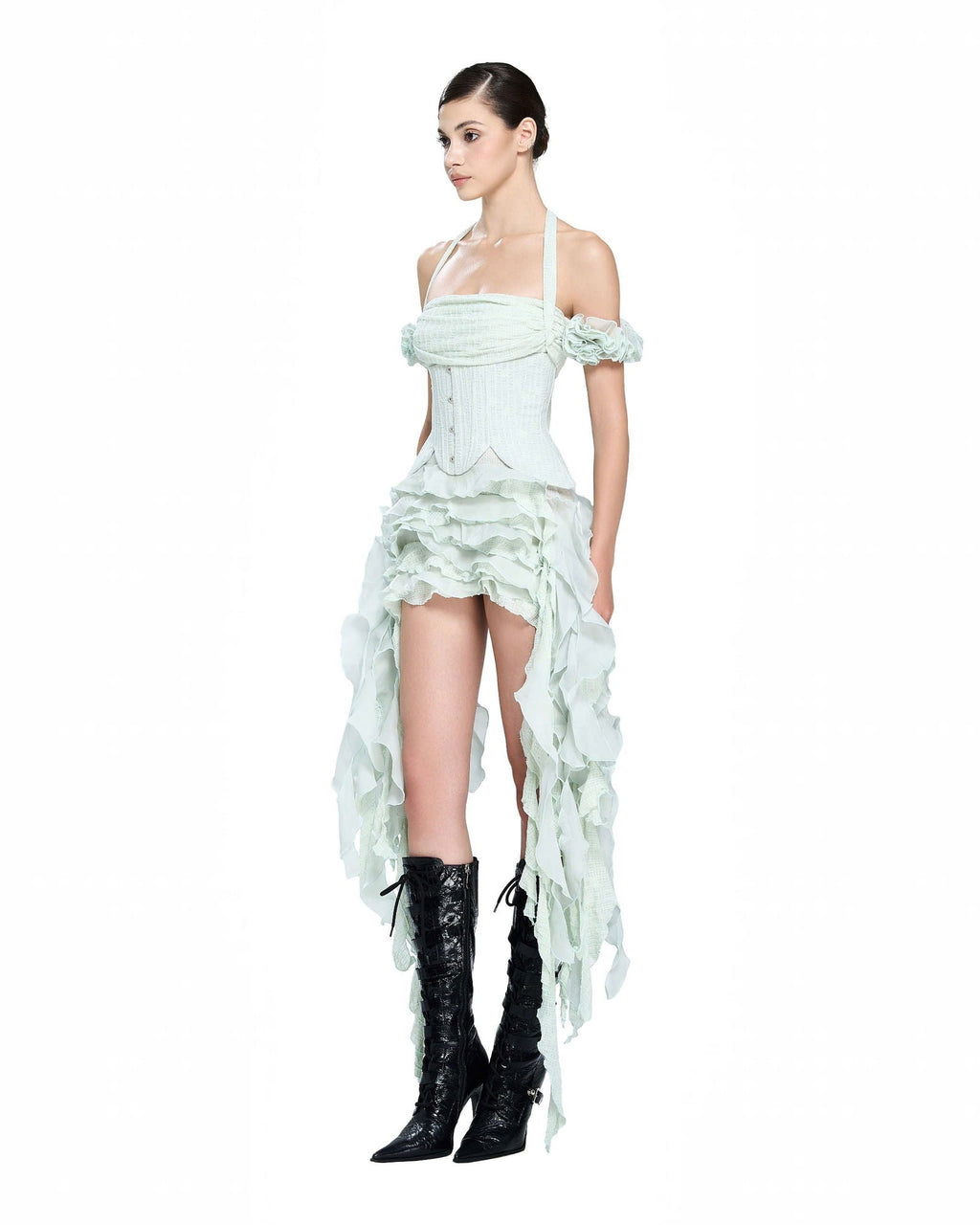 Baha Ruch Ruffle Fringe Mini Dress In Mint Green