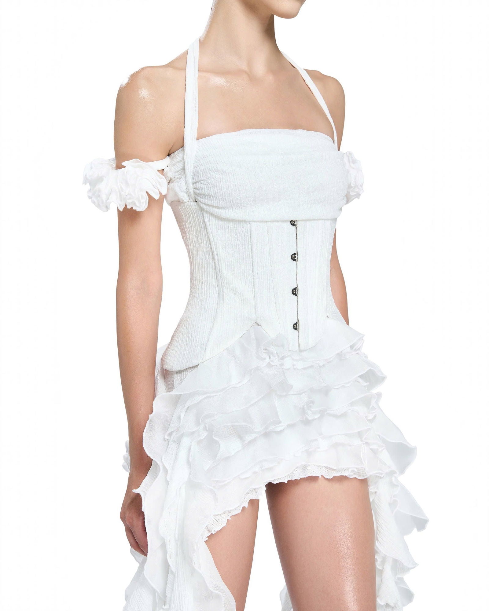 Baha Ruch Ruffle Fringe Mini Dress In White