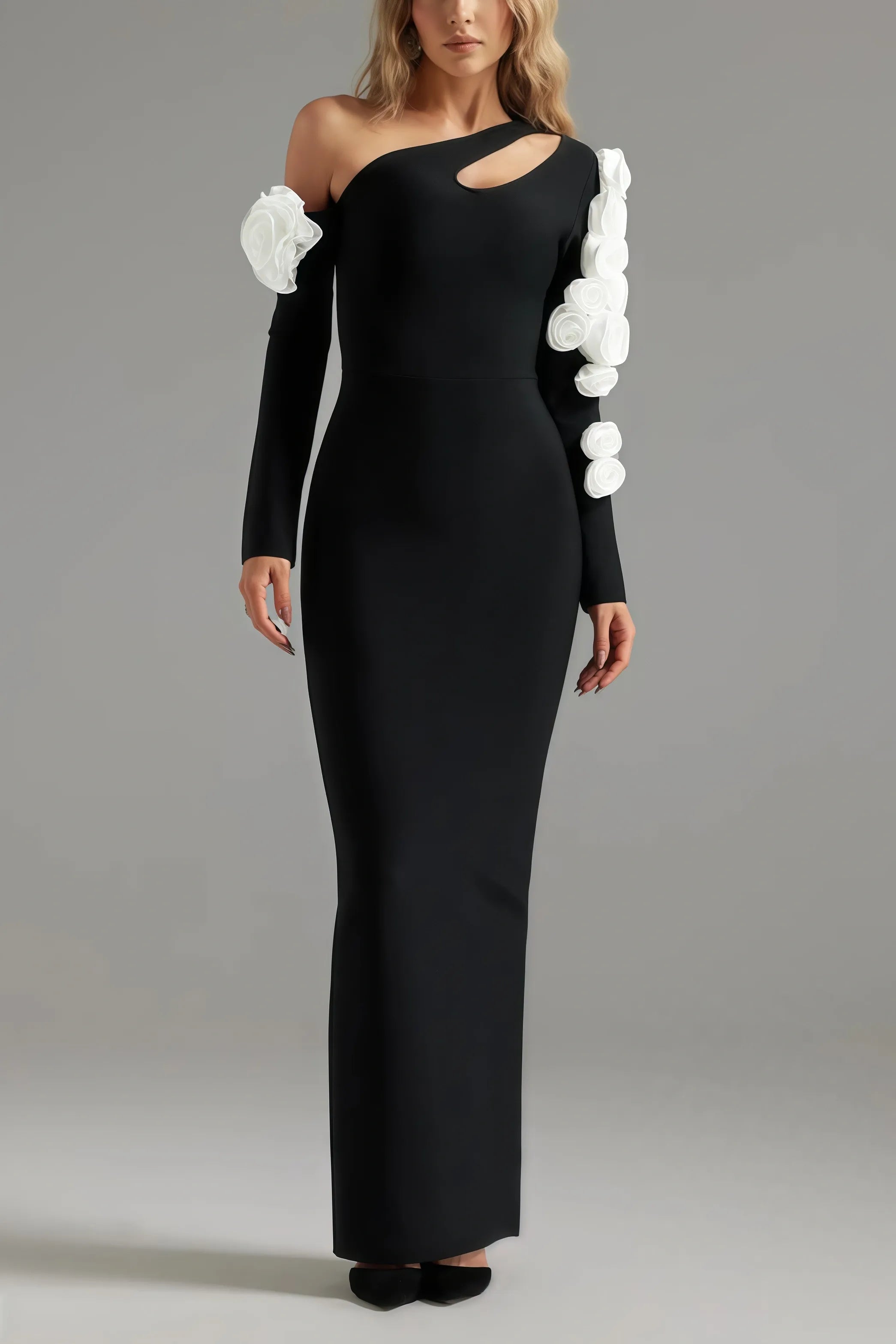One Shoulder flower embellished Cutout Bandage Maxi Dress in black