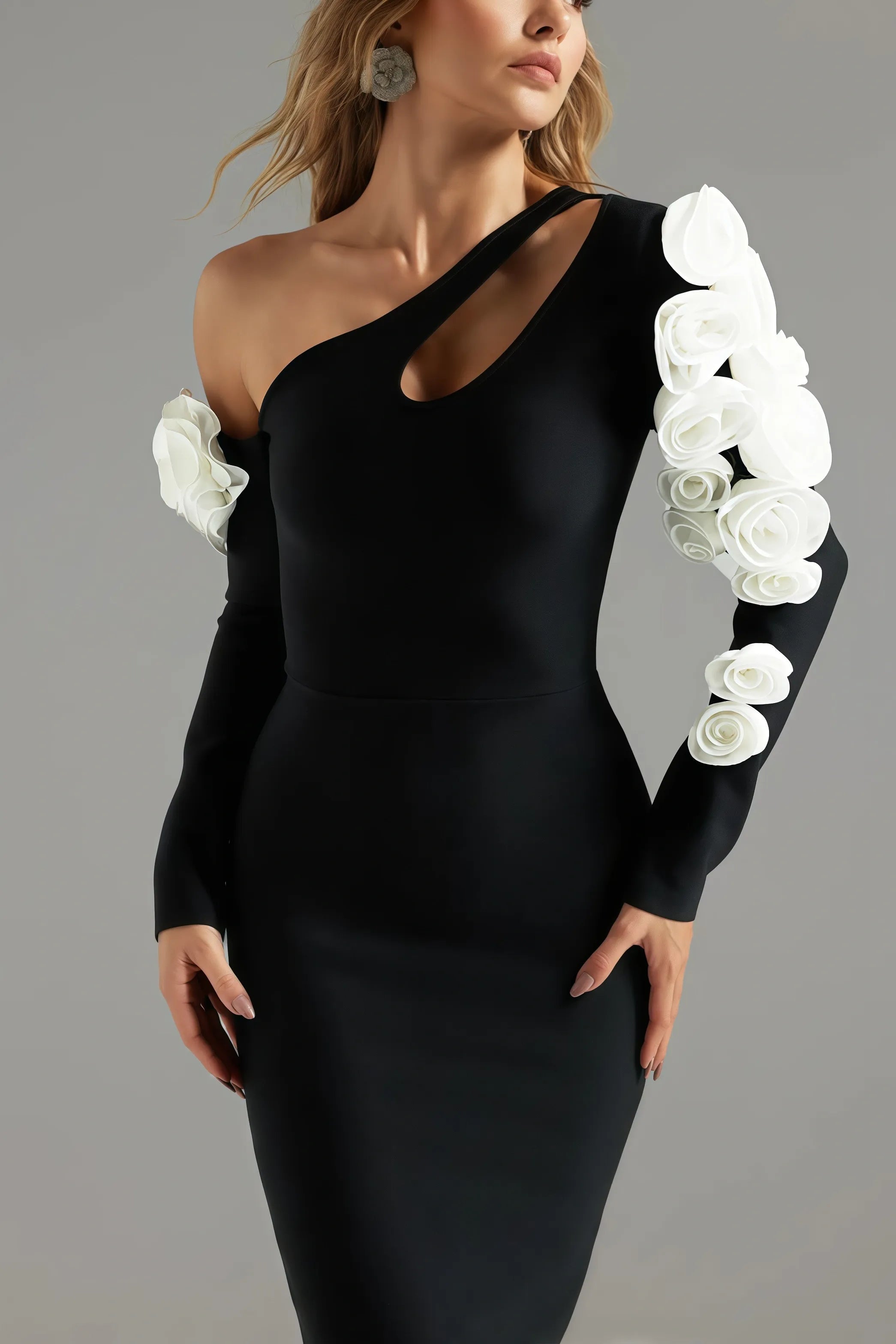 One Shoulder flower embellished Cutout Bandage Maxi Dress in black