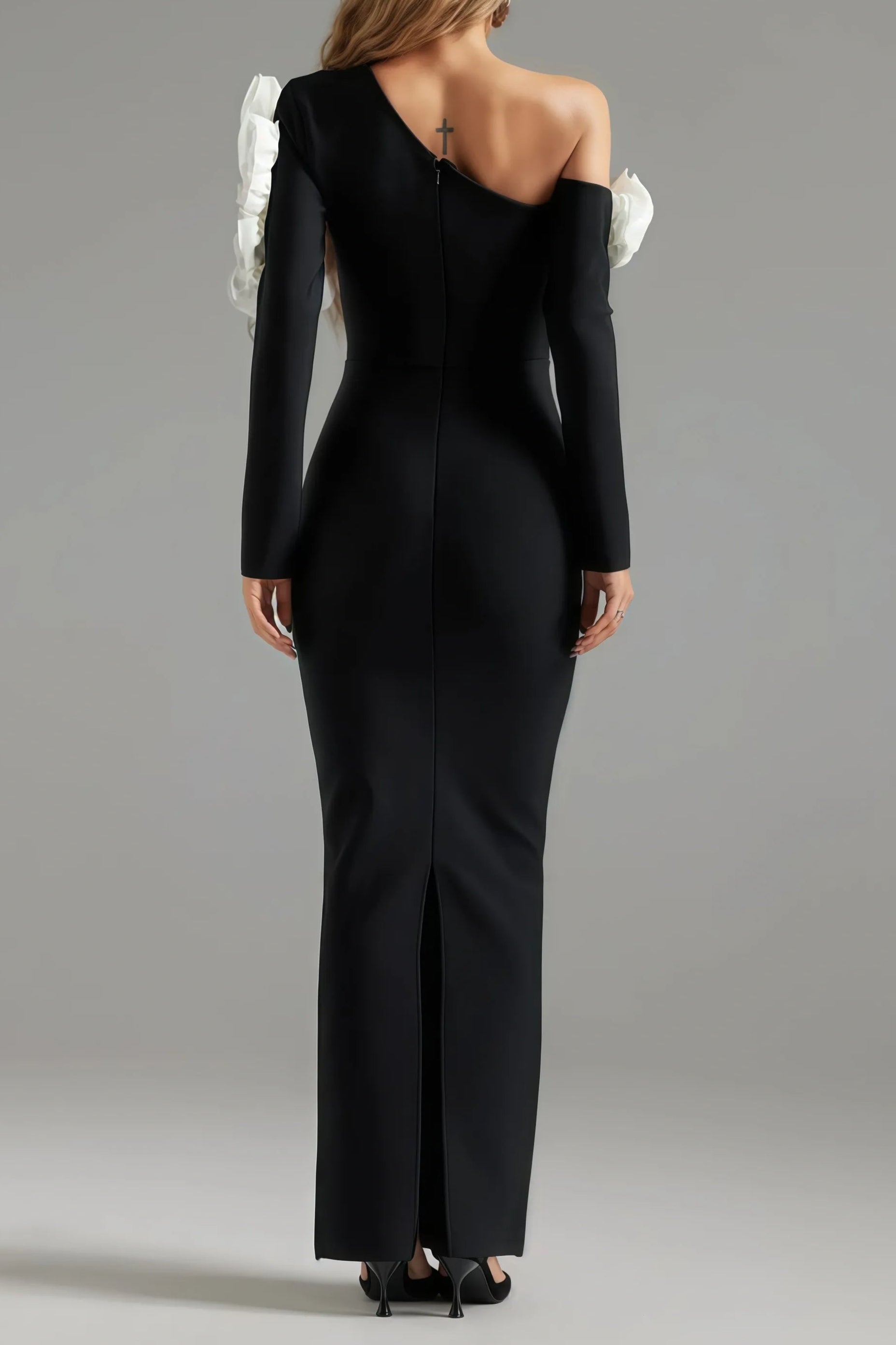 One Shoulder flower embellished Cutout Bandage Maxi Dress in black