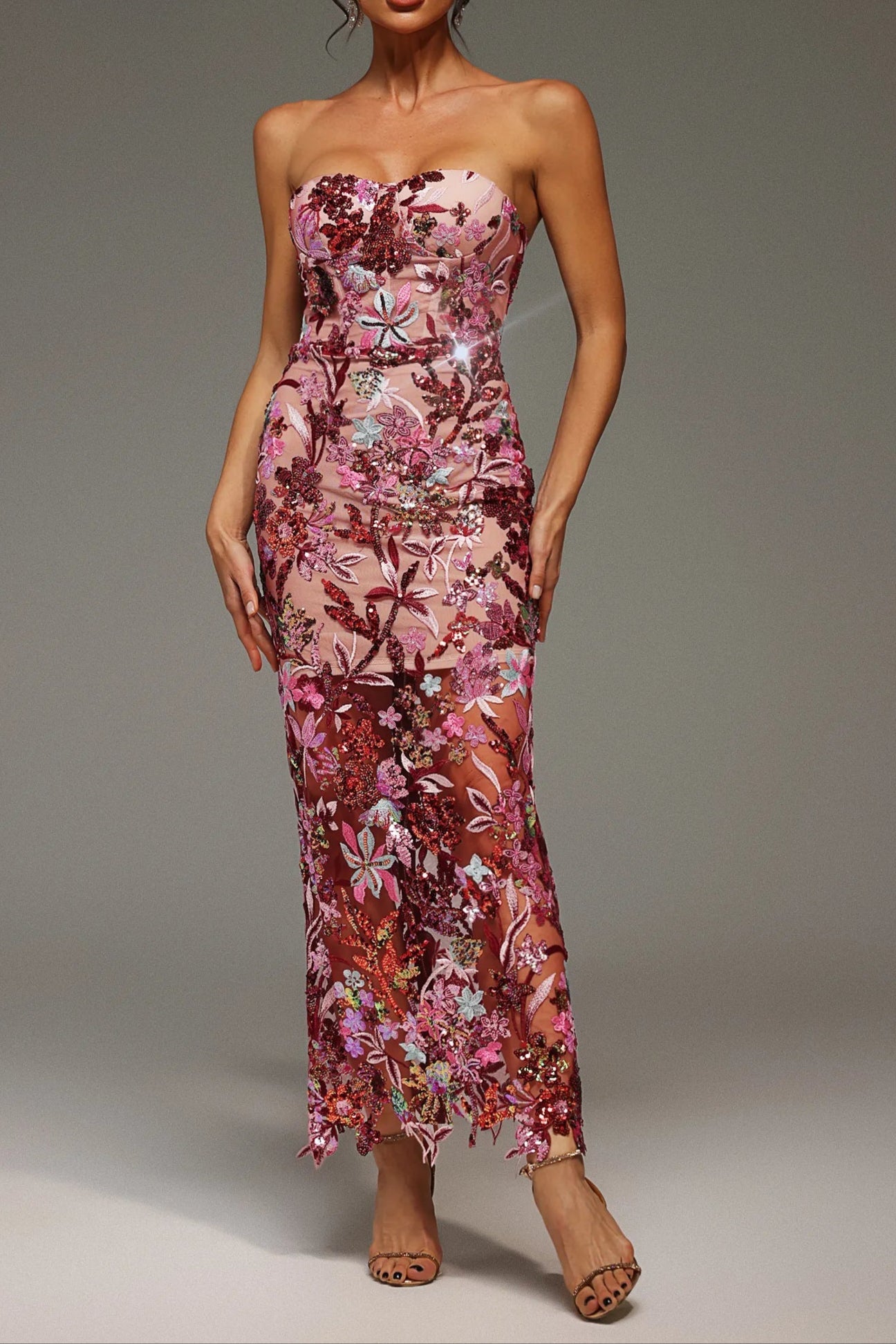 arabela CHACHI RED STRAPLESS FLOWER EMBROIDERY MAXI DRESS