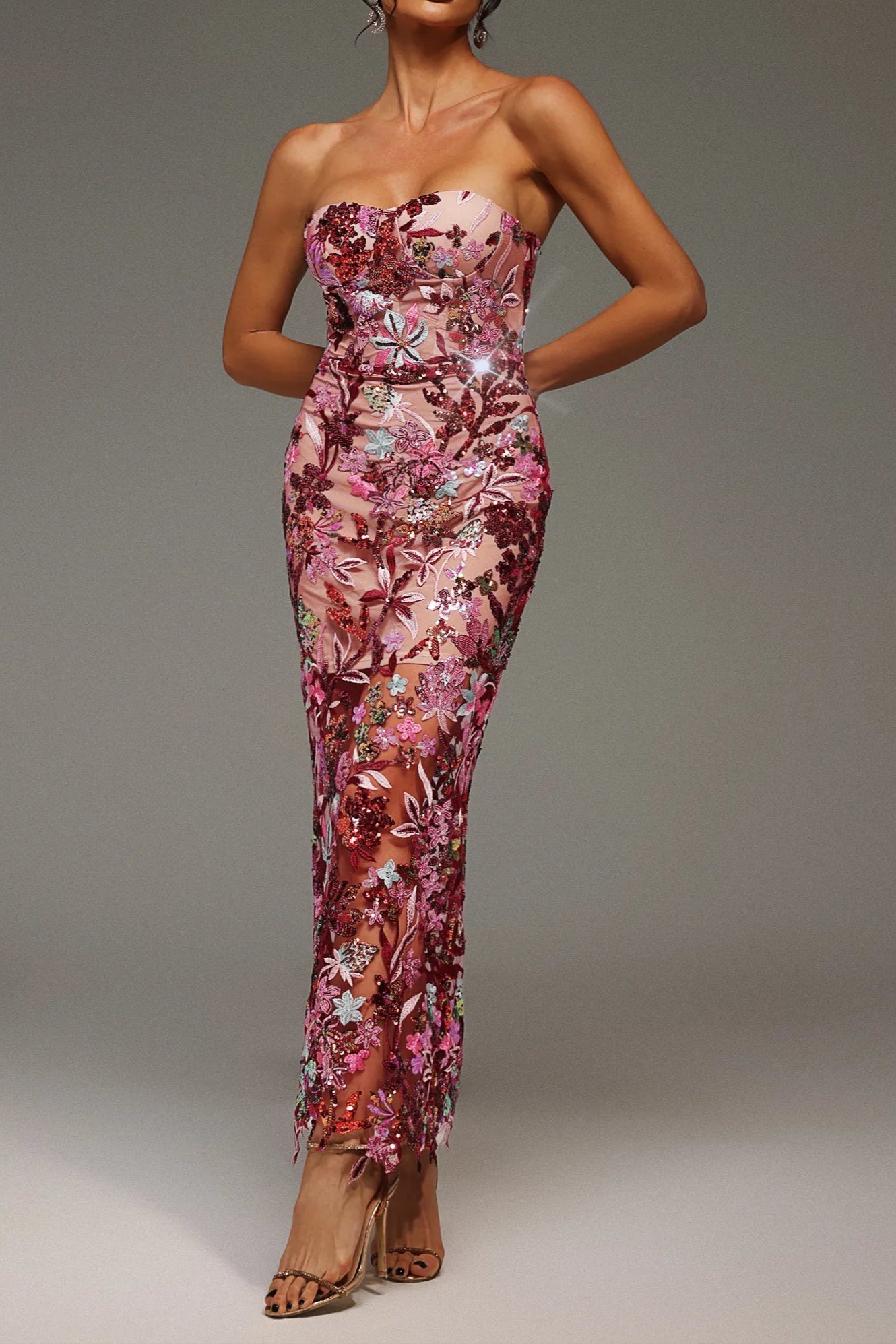 arabela CHACHI RED STRAPLESS FLOWER EMBROIDERY MAXI DRESS