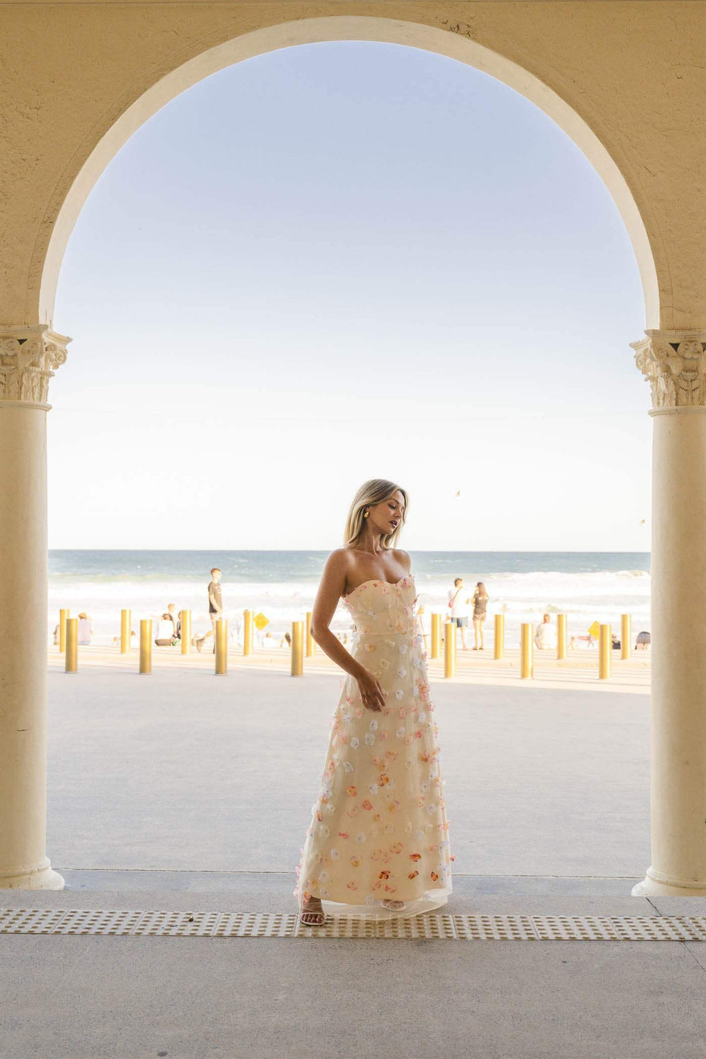 Off-Shoulder Embroidered Maxi Dress in apricot