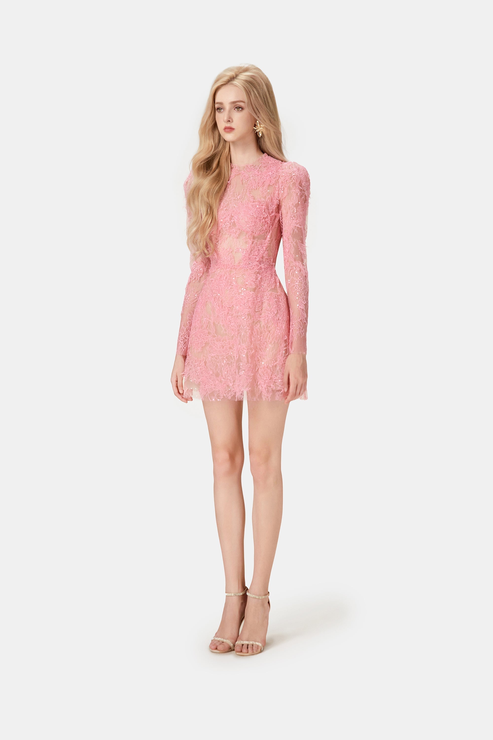 PINK BEADED LACE MINI DRESS