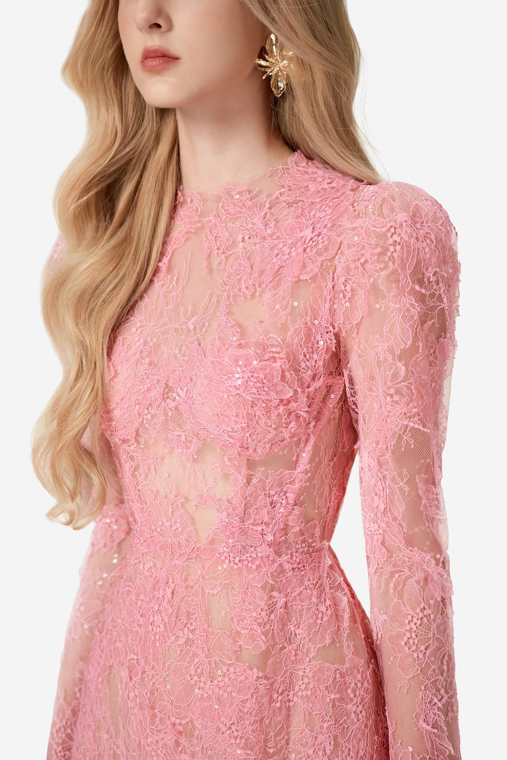 PINK BEADED LACE MINI DRESS