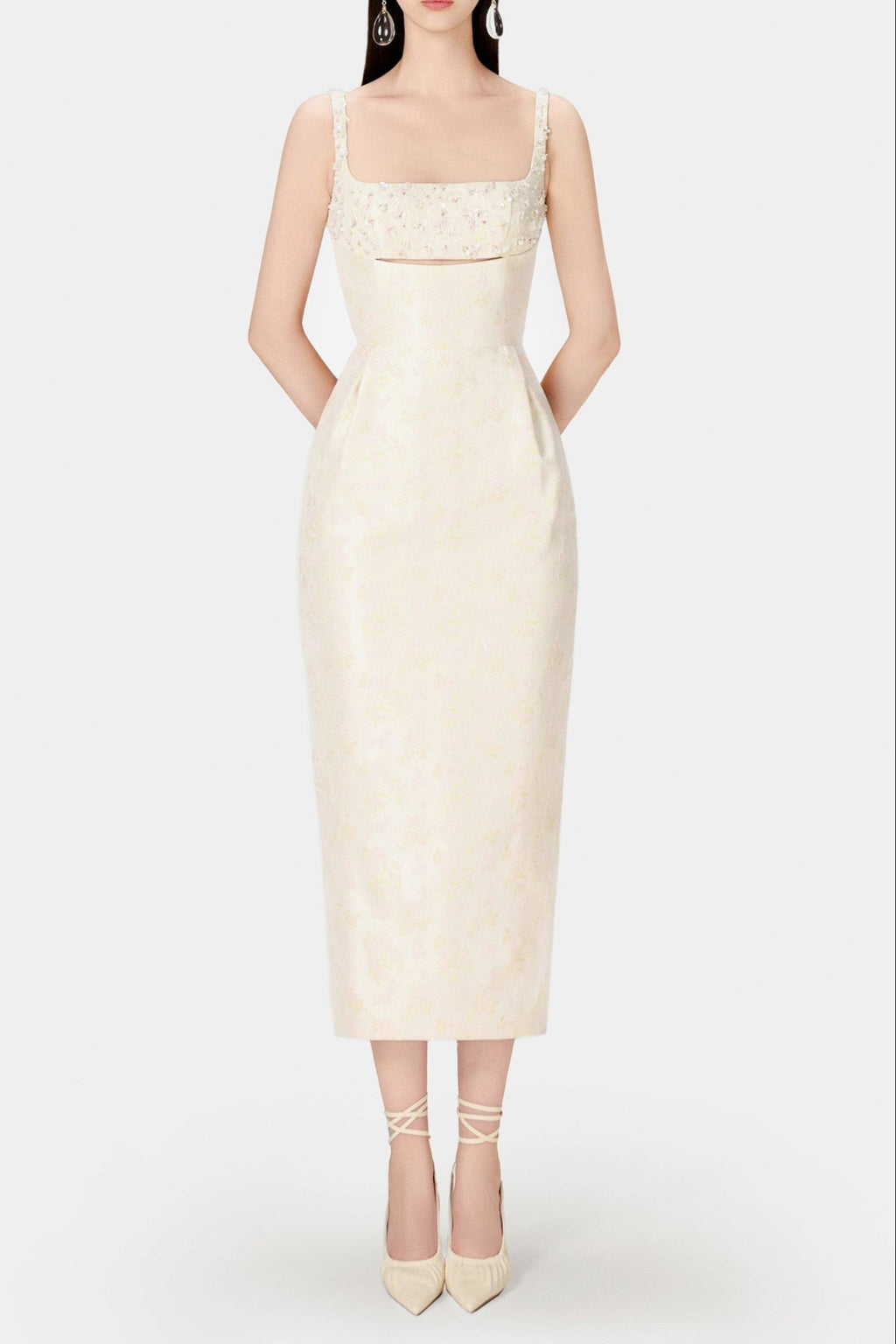 BEADED BROCADE PENCIL MIDI DRESS