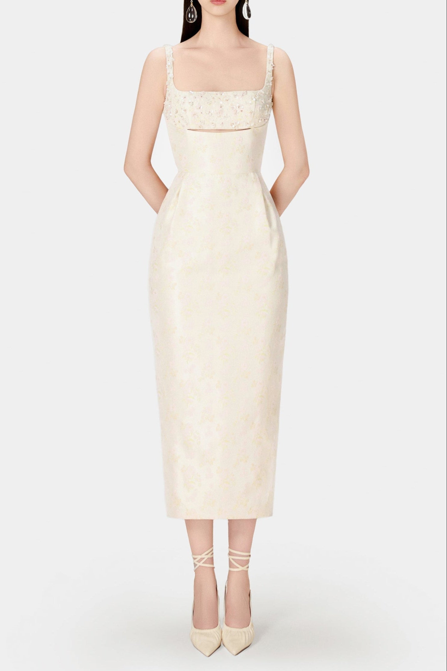 BEADED BROCADE PENCIL MIDI DRESS