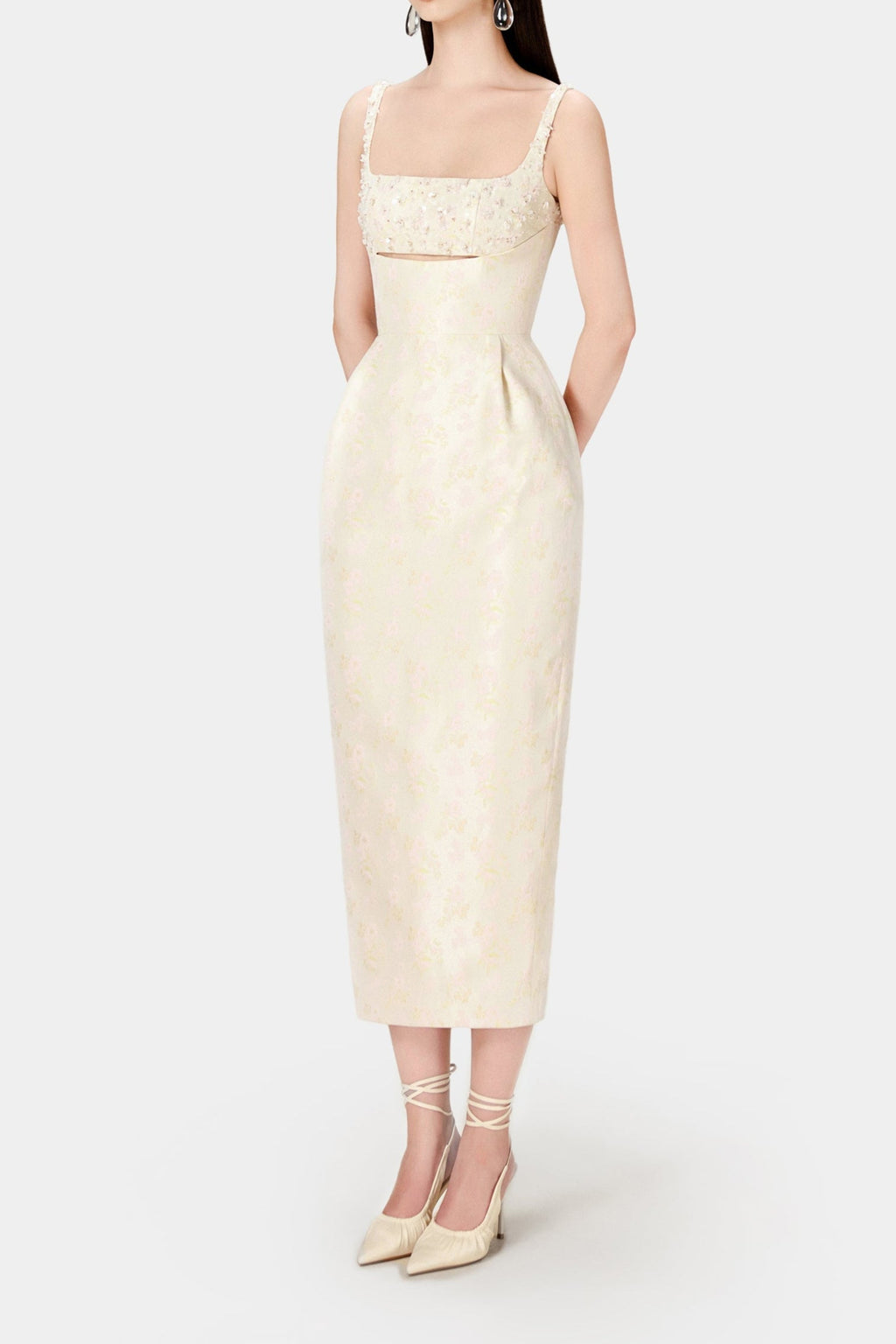BEADED BROCADE PENCIL MIDI DRESS