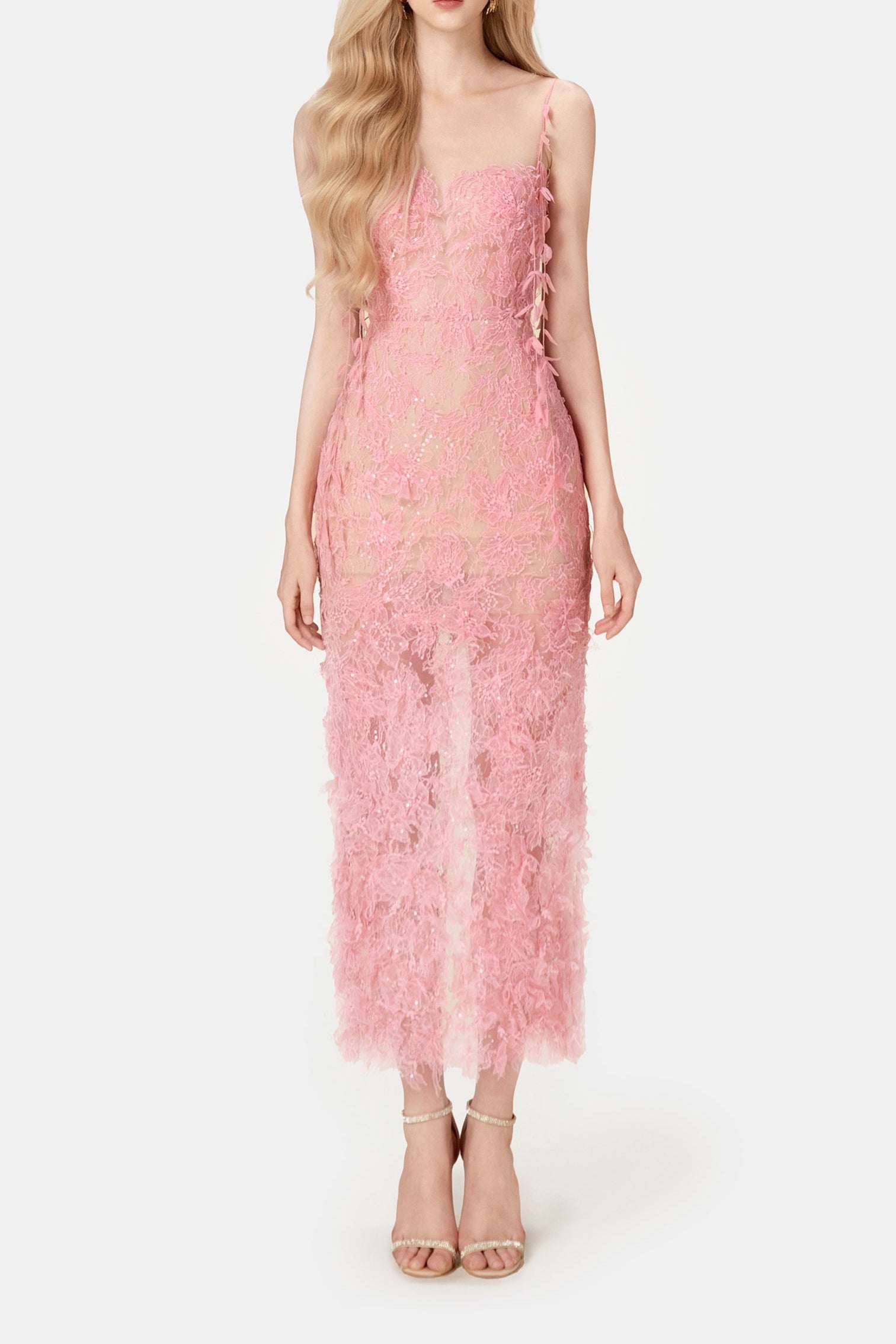 PINK BEADED LACE PENCEL DRESS