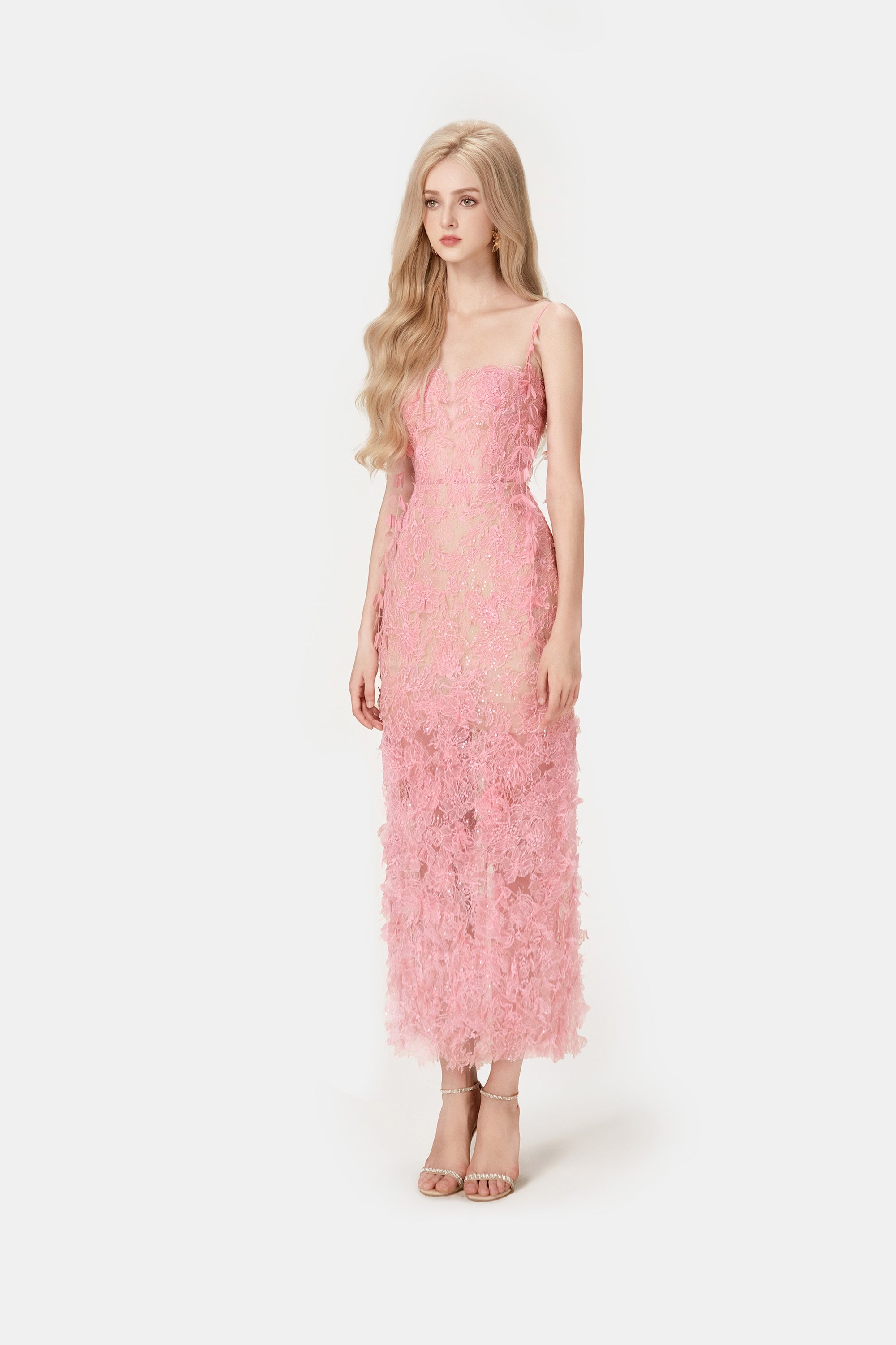 PINK BEADED LACE PENCEL DRESS