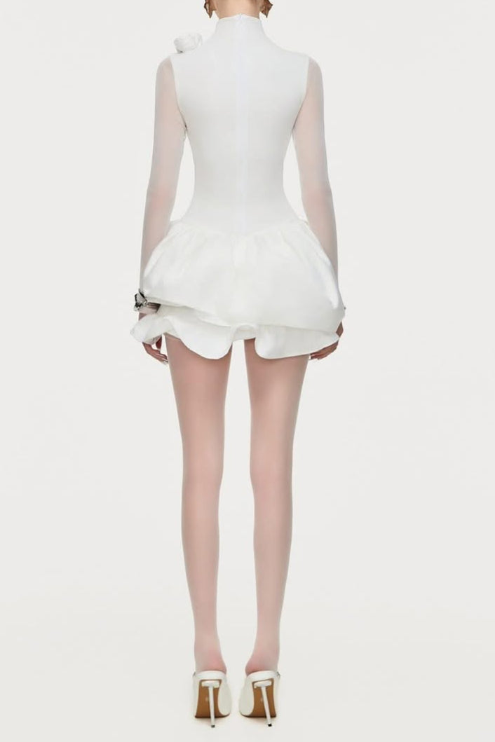 3d flower hem Mesh mini dress in white