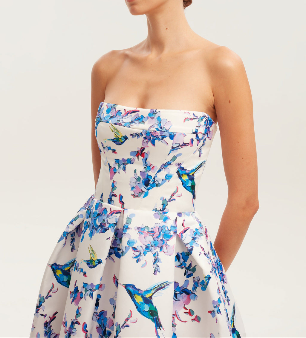 Strapless midi dress with bird and flower print, Garden of Eden