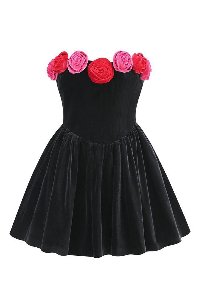 Floral Strapless Velvet Mini Dress