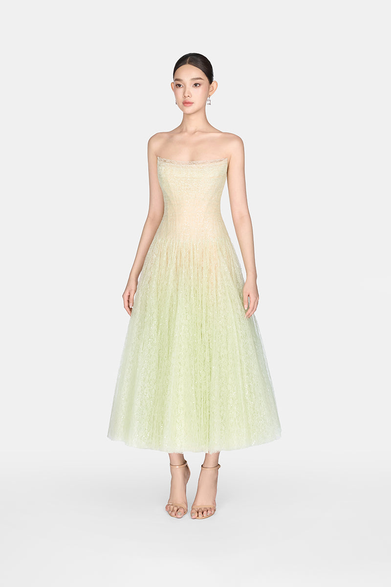 MINT DRAPED LACE MIDI DRESS