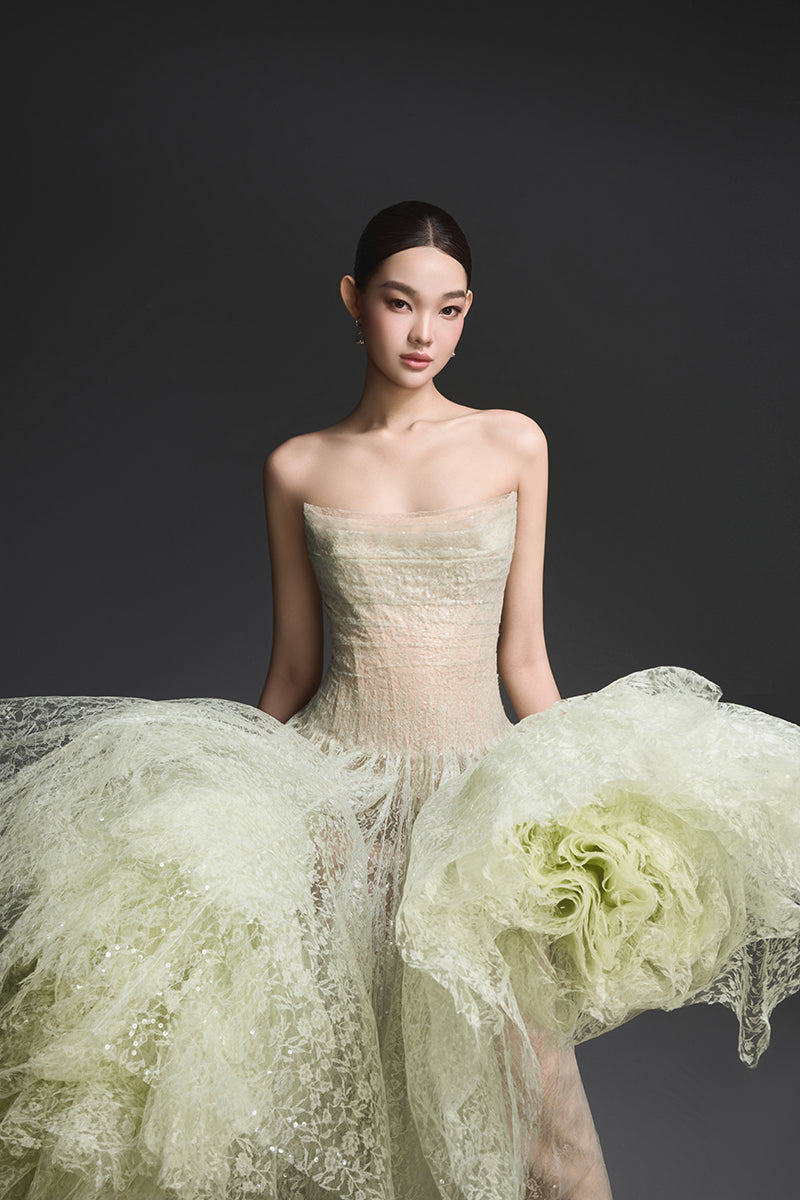 MINT DRAPED LACE MIDI DRESS