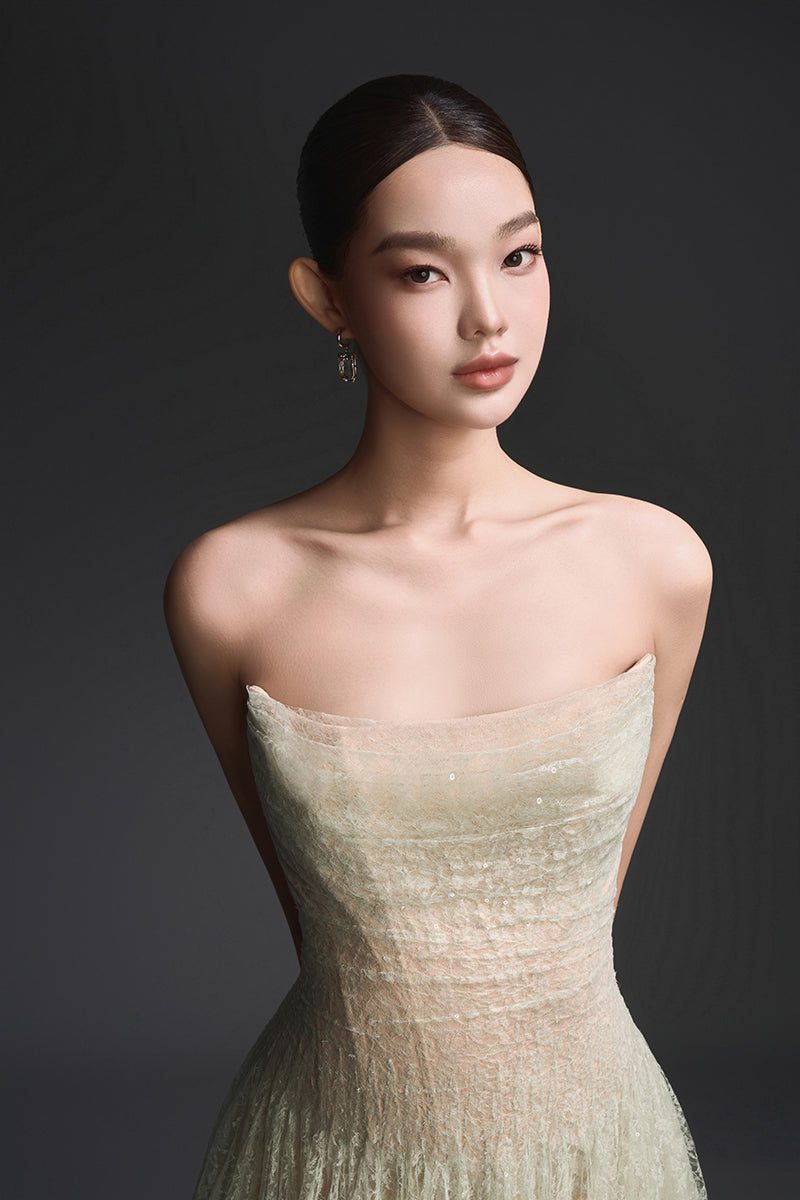 MINT DRAPED LACE MIDI DRESS