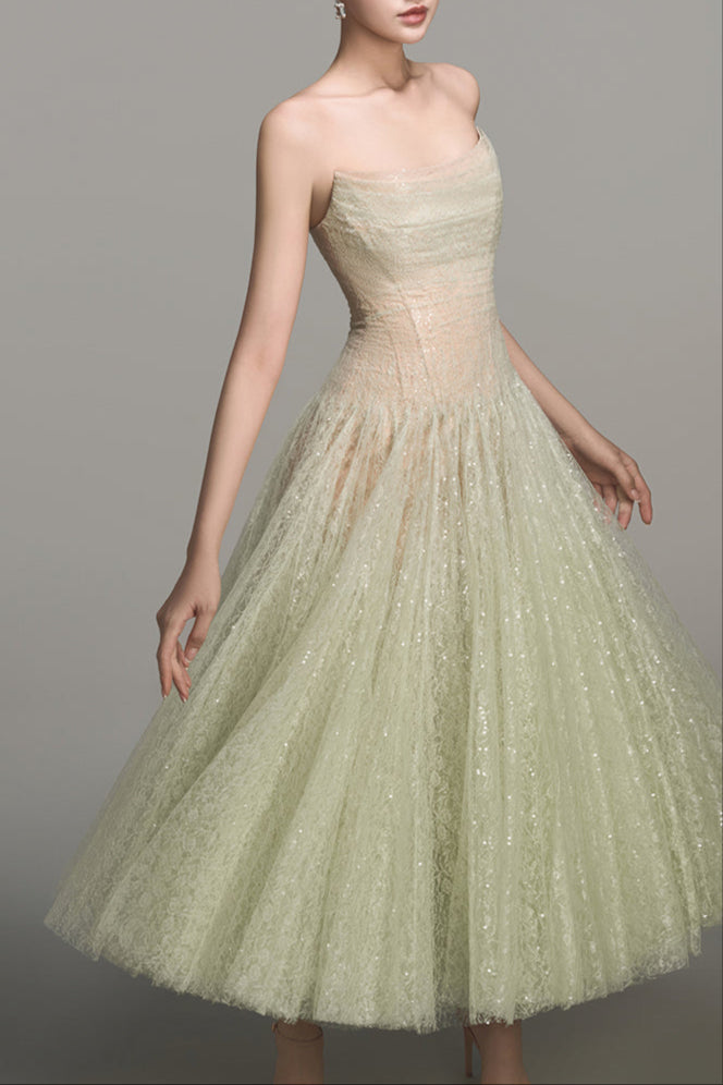 MINT DRAPED LACE MIDI DRESS